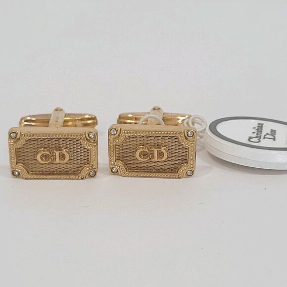 Christian Dior CD Gold Tone Logo Cufflinks Vintage Germany Authentic Glam New - Picture 1 of 8